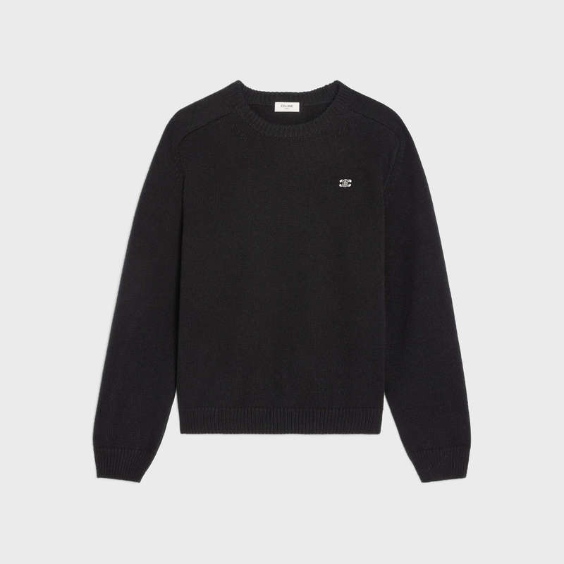 Knitwear Celine Triomphe Crew Neck In Laine And Cashmere Noir Blanche | CL-592094