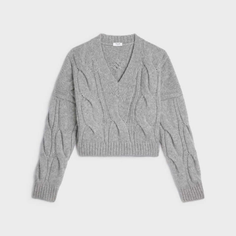 Knitwear Celine V-neck In Cable-knit Cashmere And Silk Grise Clair | CL-592705