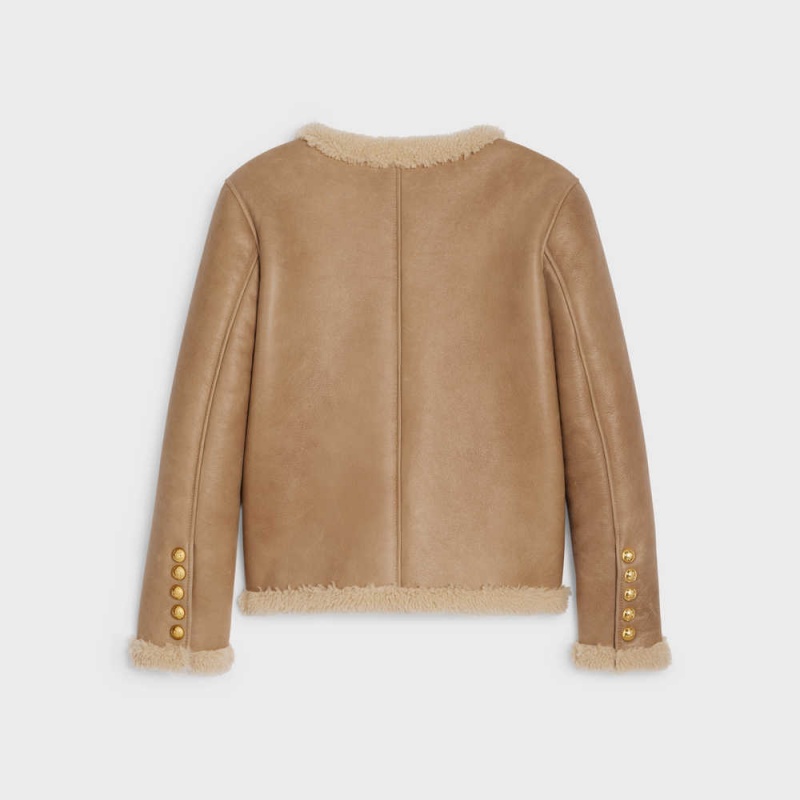 Leather Celine Cardigan In Curly Shearling Marron Blanche | CL-592615