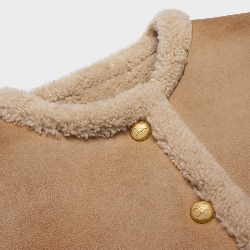 Leather Celine Cardigan In Curly Shearling Marron Blanche | CL-592615