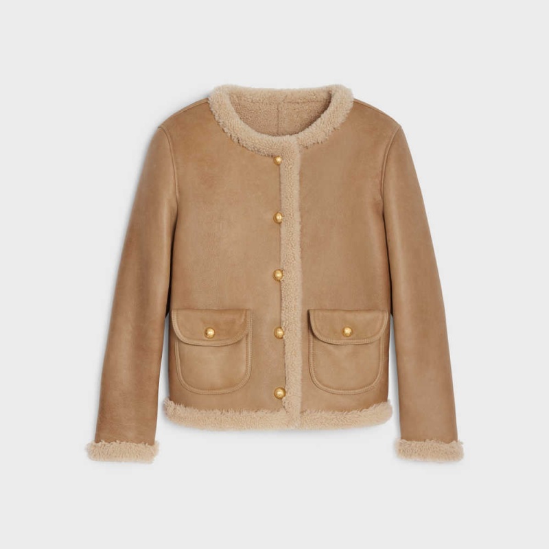 Leather Celine Cardigan In Curly Shearling Marron Blanche | CL-592615