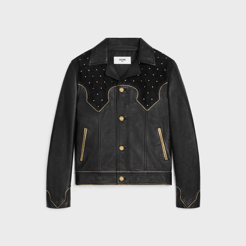 Leather Celine Western Blouson With Studs In Soft Noir Doré | CL-591921