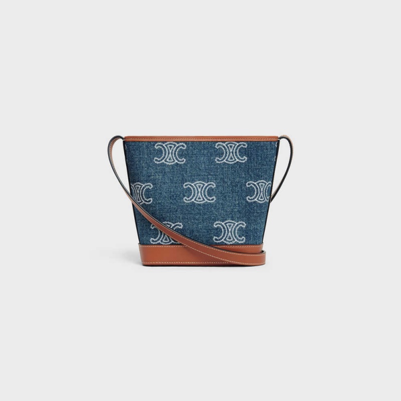 Mini Sacs Celine Bucket Cuir Triomphe In Denim With Triomphe All-over Embroidery And Calfskin Bleu Marine Marron | CL-593041