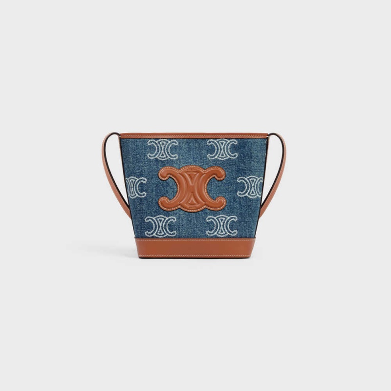 Mini Sacs Celine Bucket Cuir Triomphe In Denim With Triomphe All-over Embroidery And Calfskin Bleu Marine Marron | CL-593041