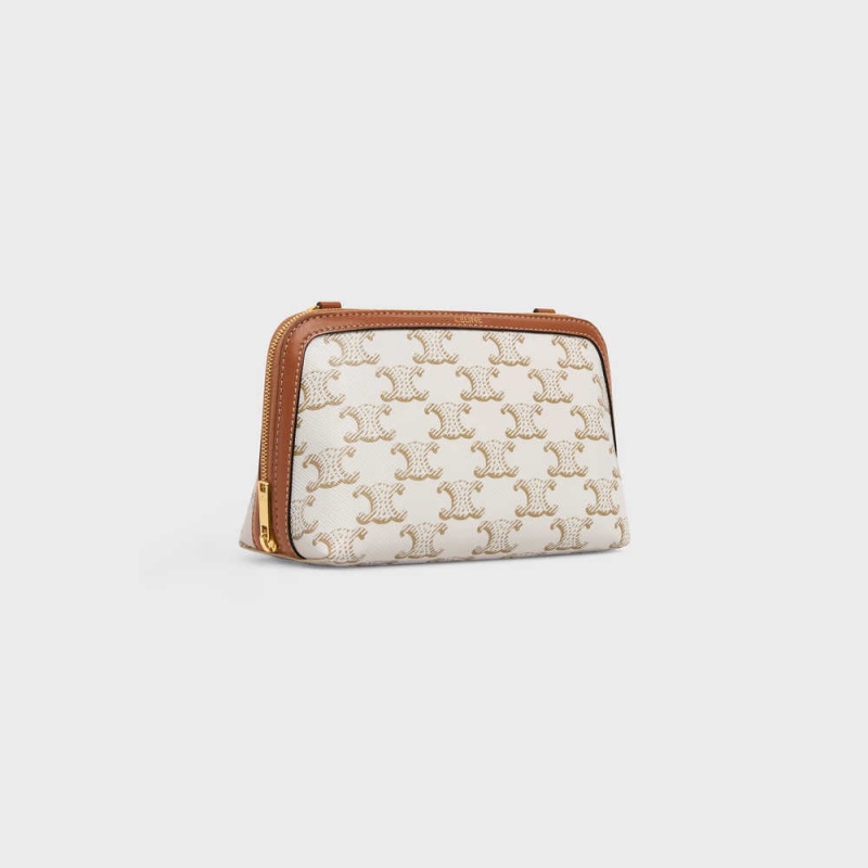 Mini Sacs Celine Clutch With Chain In Triomphe Tela And Lambskin Blanche Marron | CL-593032