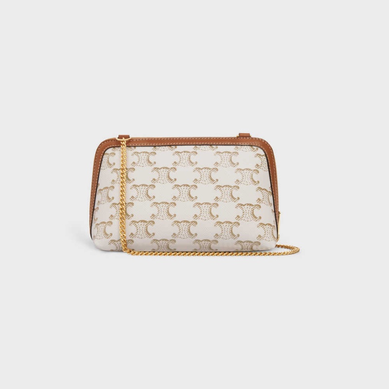 Mini Sacs Celine Clutch With Chain In Triomphe Tela And Lambskin Blanche Marron | CL-593032