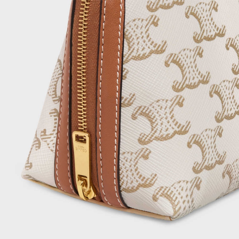 Mini Sacs Celine Clutch With Chain In Triomphe Tela And Lambskin Blanche Marron | CL-593032