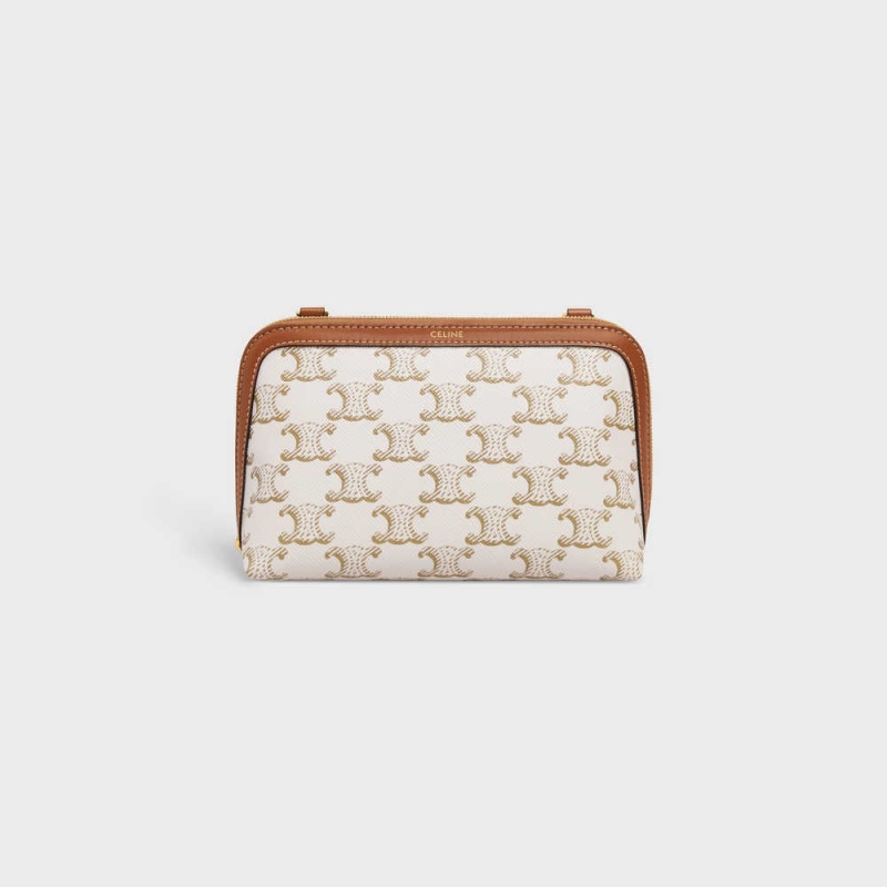 Mini Sacs Celine Clutch With Chain In Triomphe Tela And Lambskin Blanche Marron | CL-593032