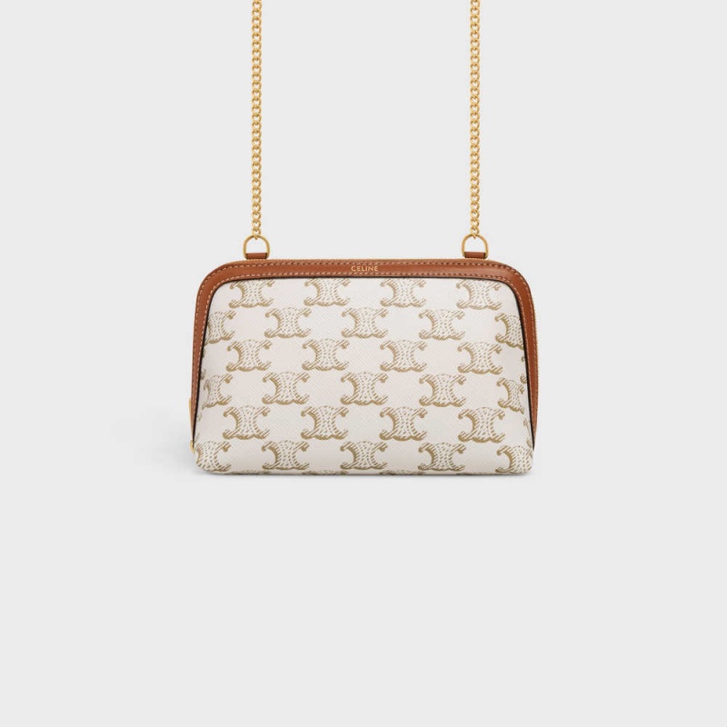 Mini Sacs Celine Clutch With Chain In Triomphe Tela And Lambskin Blanche Marron | CL-593032