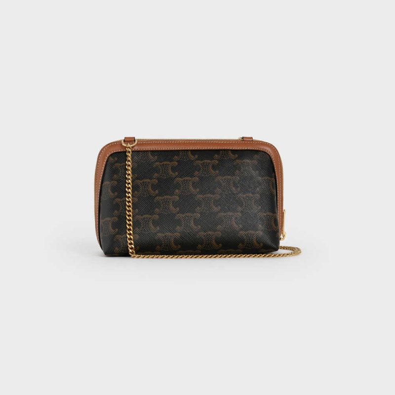 Mini Sacs Celine Clutch With Chain In Triomphe Tela And Lambskin Marron | CL-593031