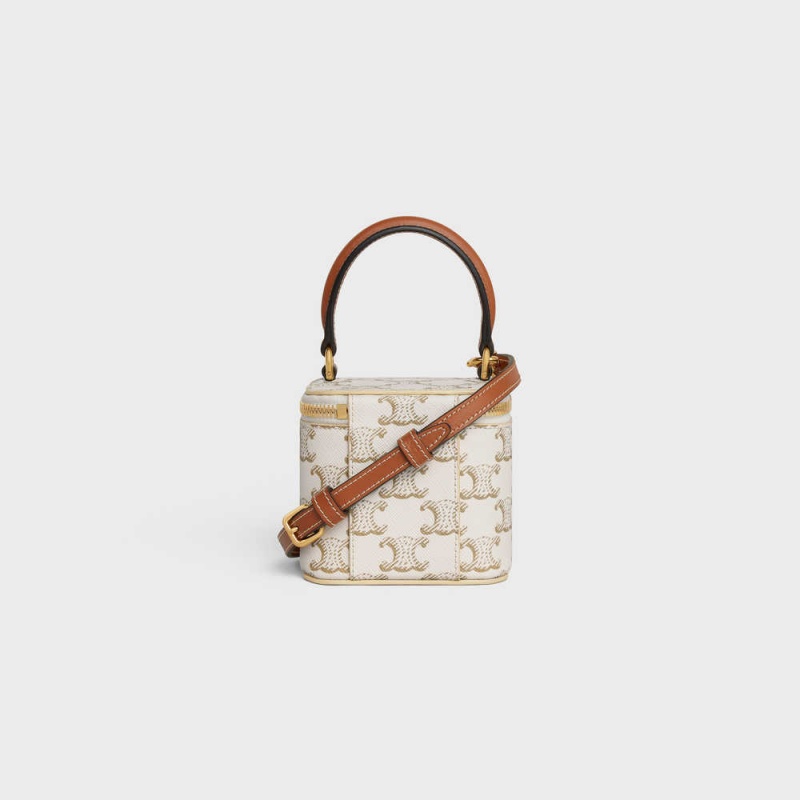 Mini Sacs Celine Vanity Case In Triomphe Tela And Calfskin Blanche Marron | CL-593038