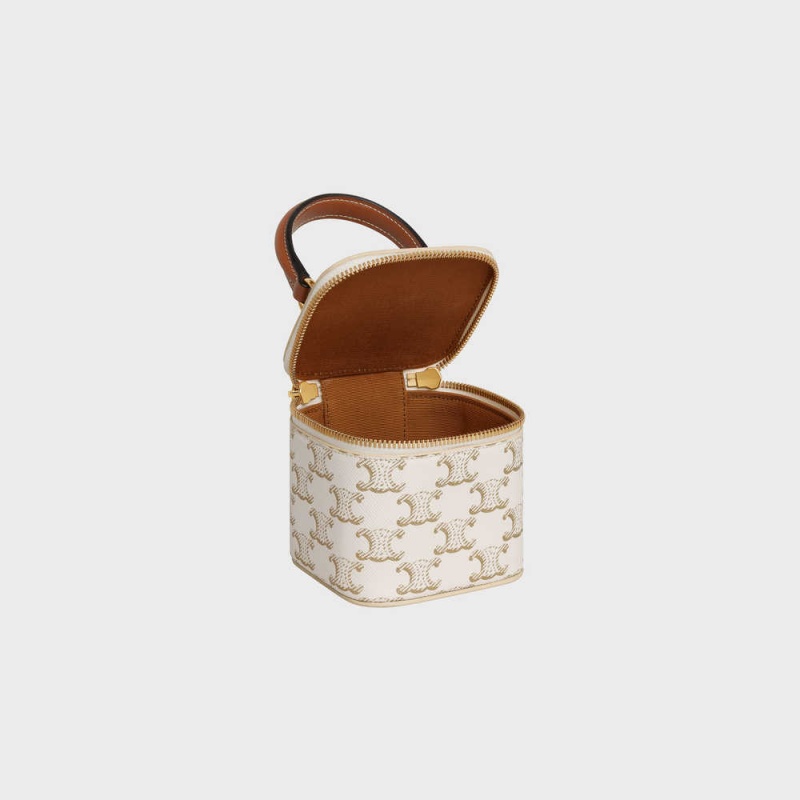 Mini Sacs Celine Vanity Case In Triomphe Tela And Calfskin Blanche Marron | CL-593038