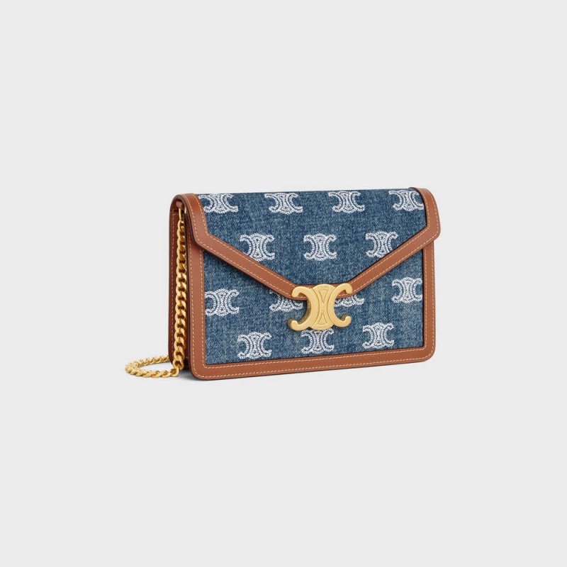 Mini Sacs Celine Wallet On Chain Triomphe In Denim With Triomphe All-over Embroidery And Calfskin Bleu Marine Marron | CL-593027