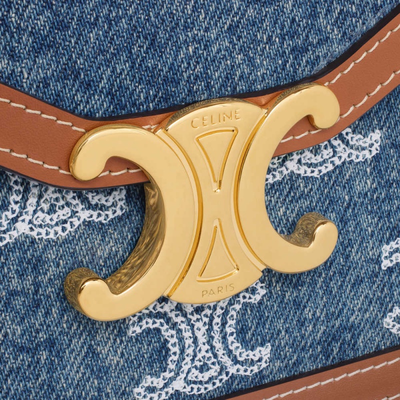 Mini Sacs Celine Wallet On Chain Triomphe In Denim With Triomphe All-over Embroidery And Calfskin Bleu Marine Marron | CL-593027