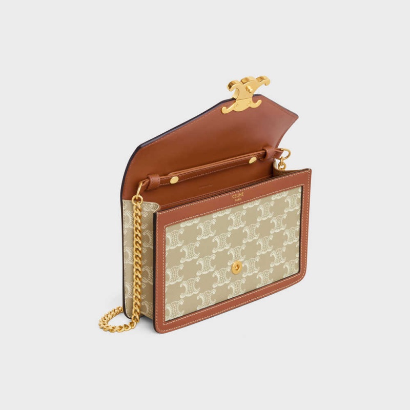 Mini Sacs Celine Wallet On Chain Triomphe In Triomphe Tela And Calfskin Beige | CL-593026