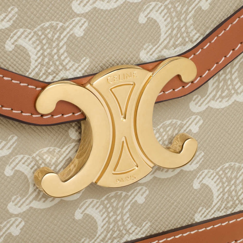 Mini Sacs Celine Wallet On Chain Triomphe In Triomphe Tela And Calfskin Beige | CL-593026