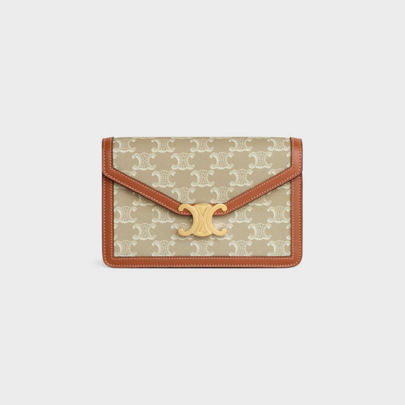 Mini Sacs Celine Wallet On Chain Triomphe In Triomphe Tela And Calfskin Beige | CL-593026