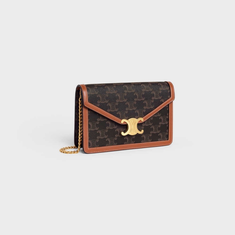 Mini Sacs Celine Wallet On Chain Triomphe In Triomphe Tela And Calfskin Marron | CL-593025