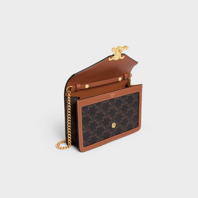 Mini Sacs Celine Wallet On Chain Triomphe In Triomphe Tela And Calfskin Marron | CL-593025