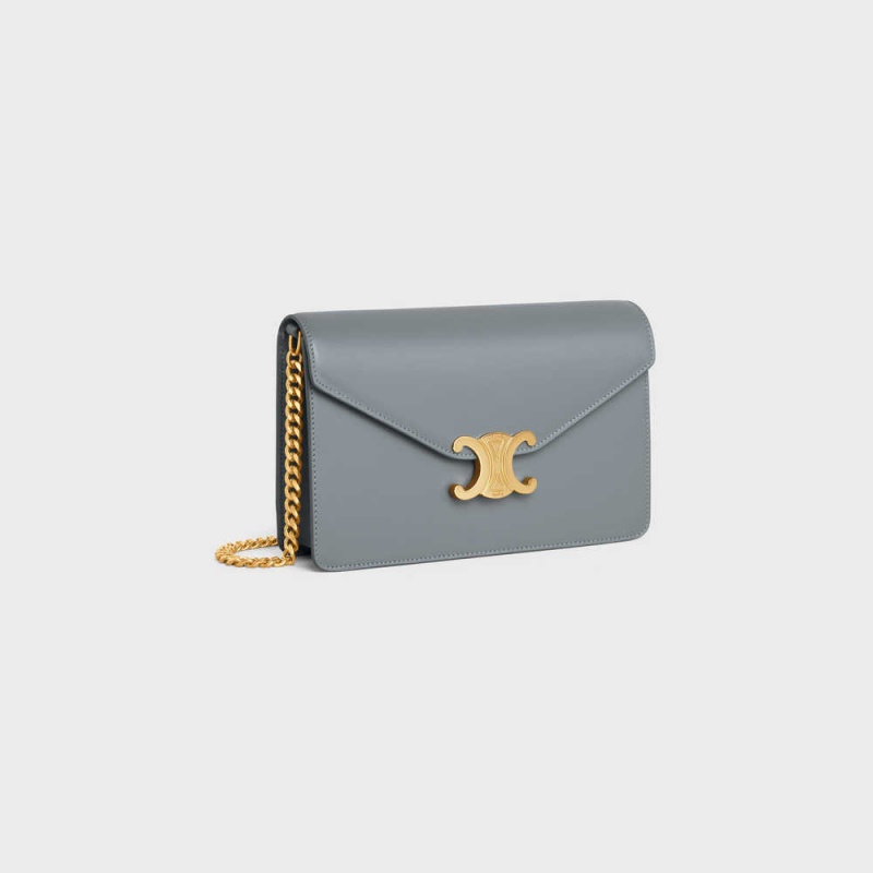 Mini Sacs Celine Wallet On Chain Triomphe In Shiny Calfskin Bleu Grise | CL-593022