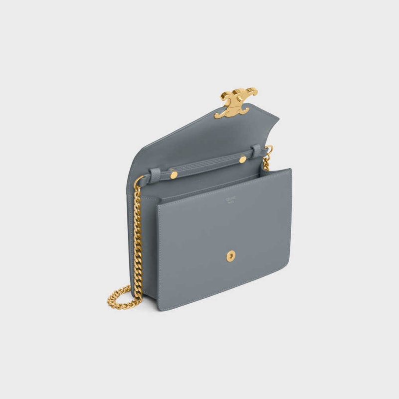 Mini Sacs Celine Wallet On Chain Triomphe In Shiny Calfskin Bleu Grise | CL-593022