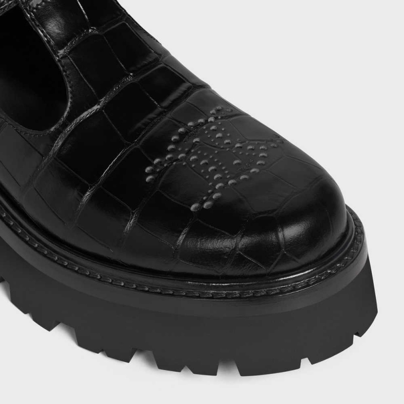 Mocassin Celine Bulky Triomphe Perforated Babies In Crocodile Stamped Calfskin Noir | CL-592532