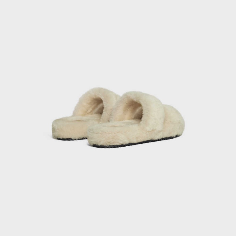 Mocassin Celine Fur Slides Triomphe Open Slides In Shearling Beige Beige | CL-592538