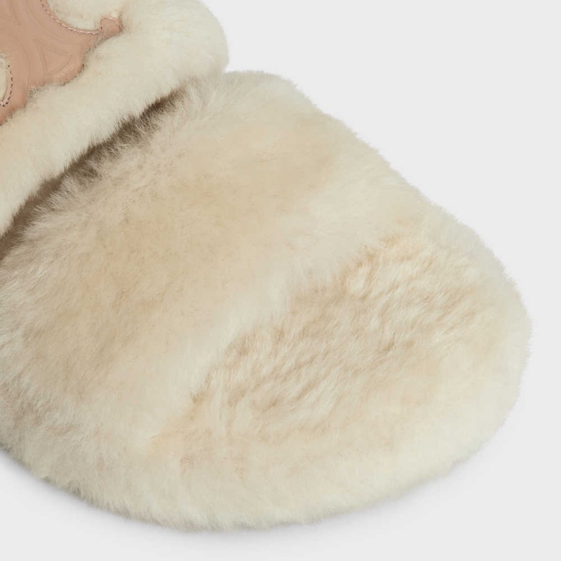 Mocassin Celine Fur Slides Triomphe Open Slides In Shearling Beige Beige | CL-592538