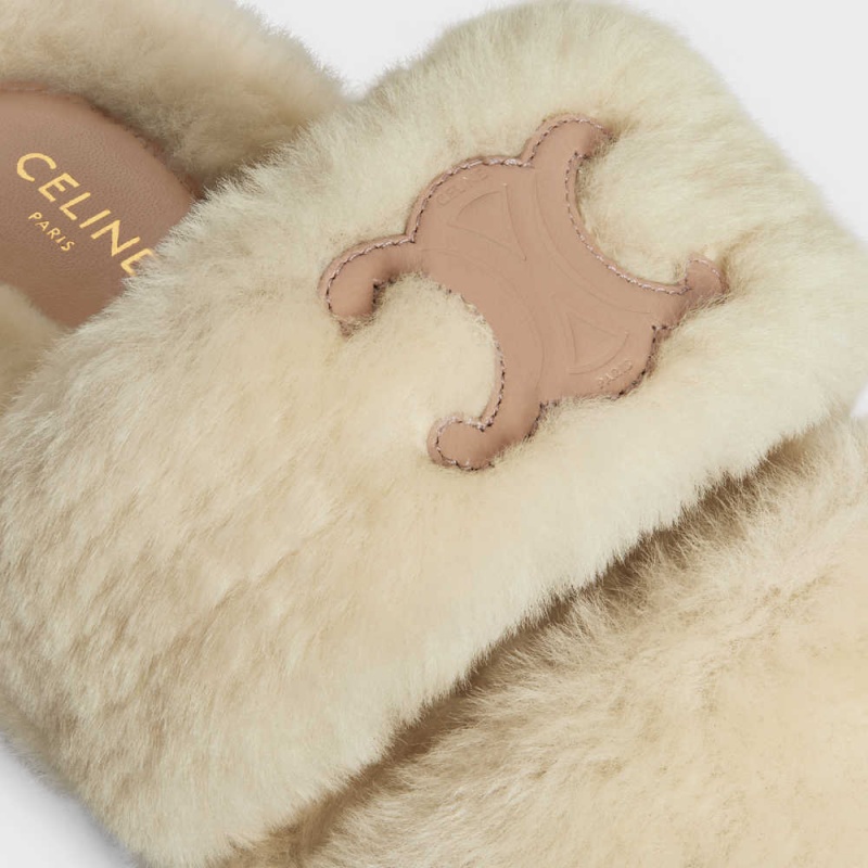 Mocassin Celine Fur Slides Triomphe Open Slides In Shearling Beige Beige | CL-592538