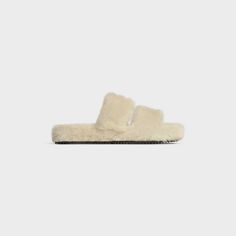 Mocassin Celine Fur Slides Triomphe Open Slides In Shearling Beige Beige | CL-592538