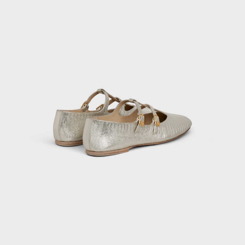 Mocassin Celine Les Ballerines Double Brides Mary Jane Ballerina In Lizard Stamped Metalized Calfskin Argent | CL-592534