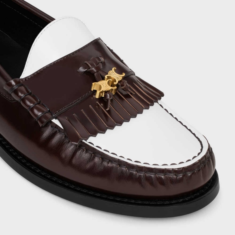 Mocassin Celine Luco With Triomphe Tassels In Polished Bullskin Marron Foncé Blanche | CL-592529