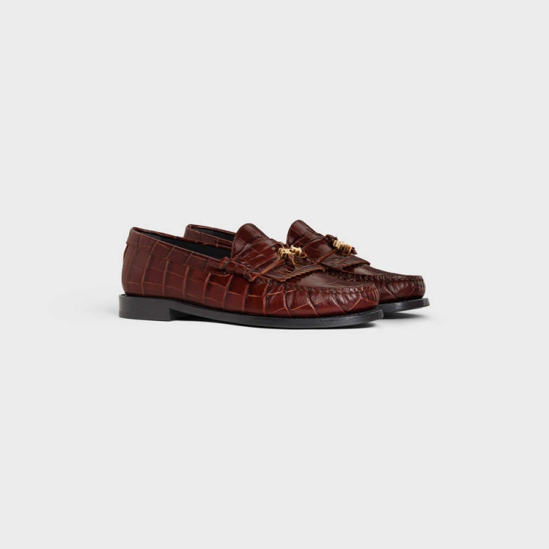 Mocassin Celine Luco With Triomphe Tassels In Crocodile Stamped Calfskin Marron Foncé | CL-592528