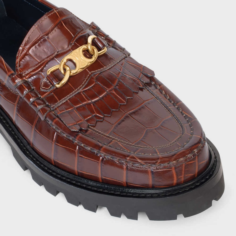 Mocassin Celine Margaret With Triomphe In Crocodile Stamped Calfskin Marron Foncé | CL-592523