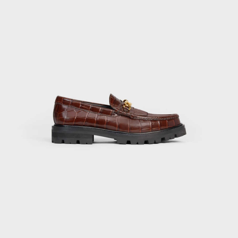 Mocassin Celine Margaret With Triomphe In Crocodile Stamped Calfskin Marron Foncé | CL-592523