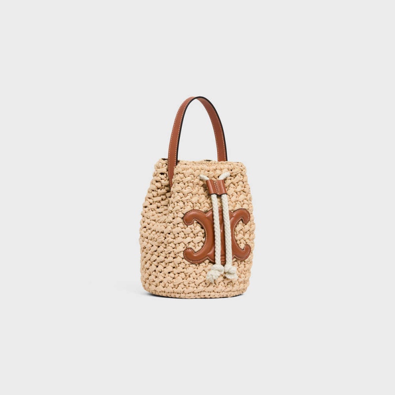 Panier Celine Teen Drawstring In Raffia And Calfskin Beige Marron | CL-593071