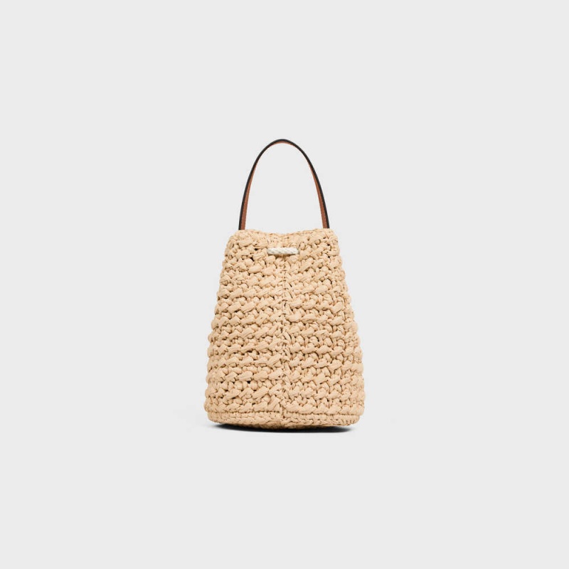 Panier Celine Teen Drawstring In Raffia And Calfskin Beige Marron | CL-593071