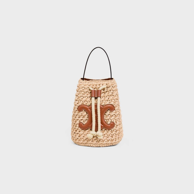 Panier Celine Teen Drawstring In Raffia And Calfskin Beige Marron | CL-593071