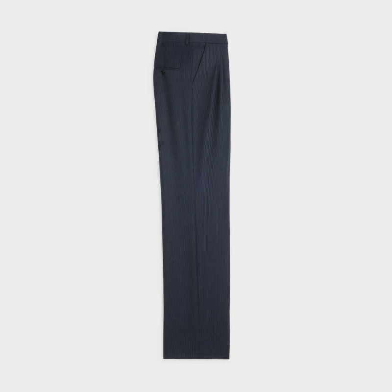 Pantalon Celine Double-pleated Tixie In Rayé Laine Bleu Marine | CL-592735