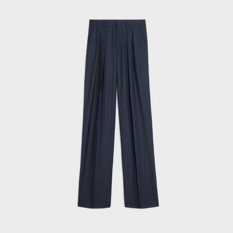 Pantalon Celine Double-pleated Tixie In Rayé Laine Bleu Marine | CL-592735