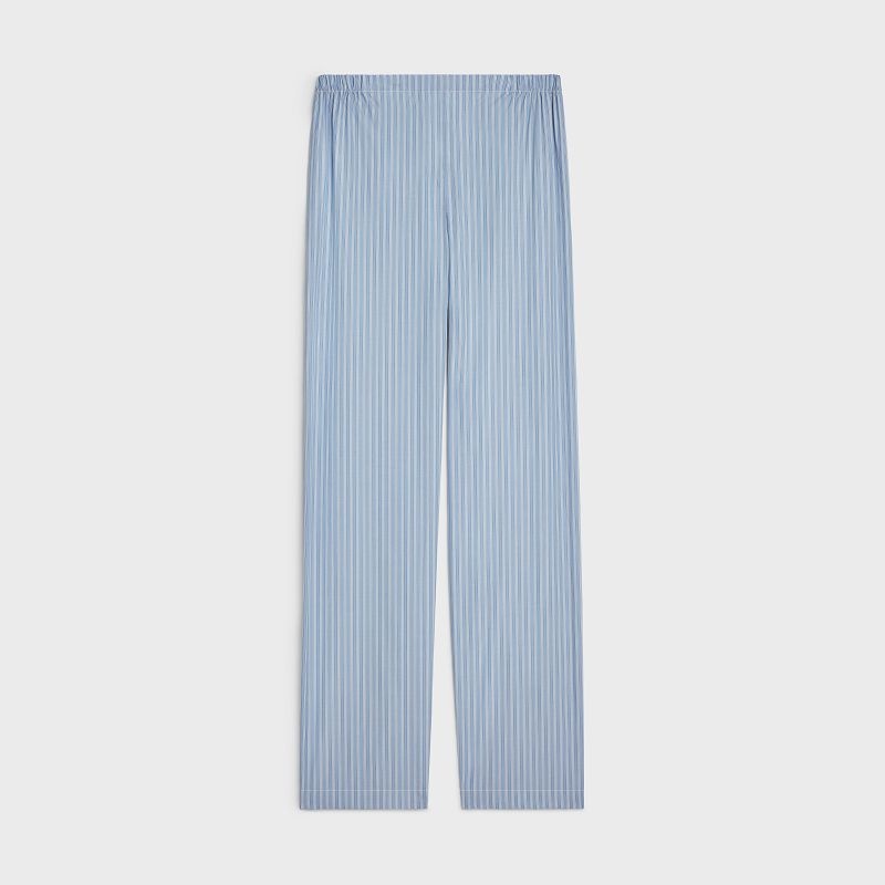 Pantalon Celine Triomphe Pajama In Rayé Poplin Bleu | CL-592065