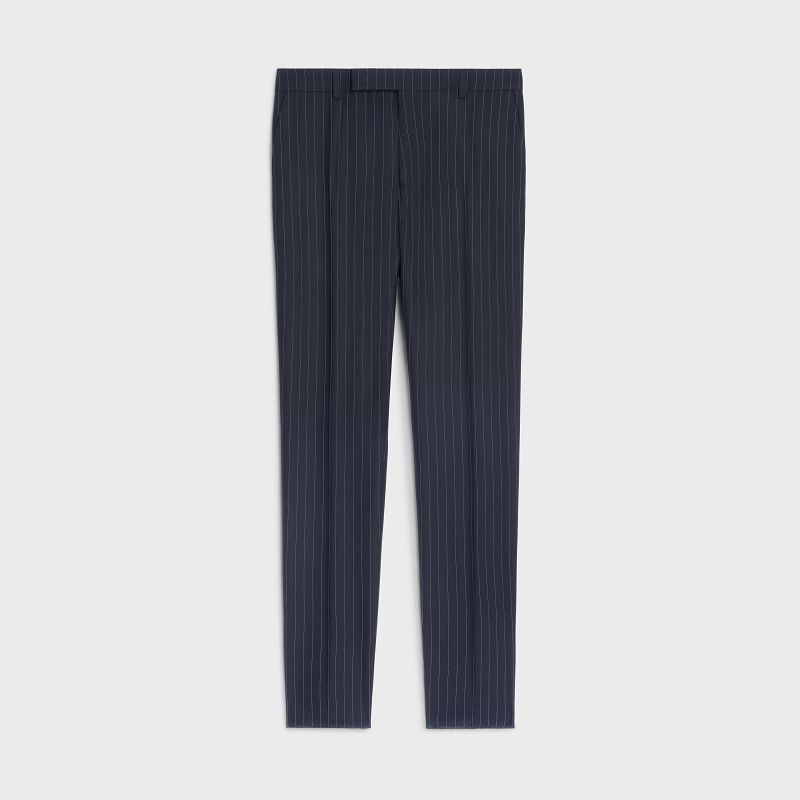 Pantalons Celine Classiche In Rayé Cashmere Laine Bleu | CL-592025