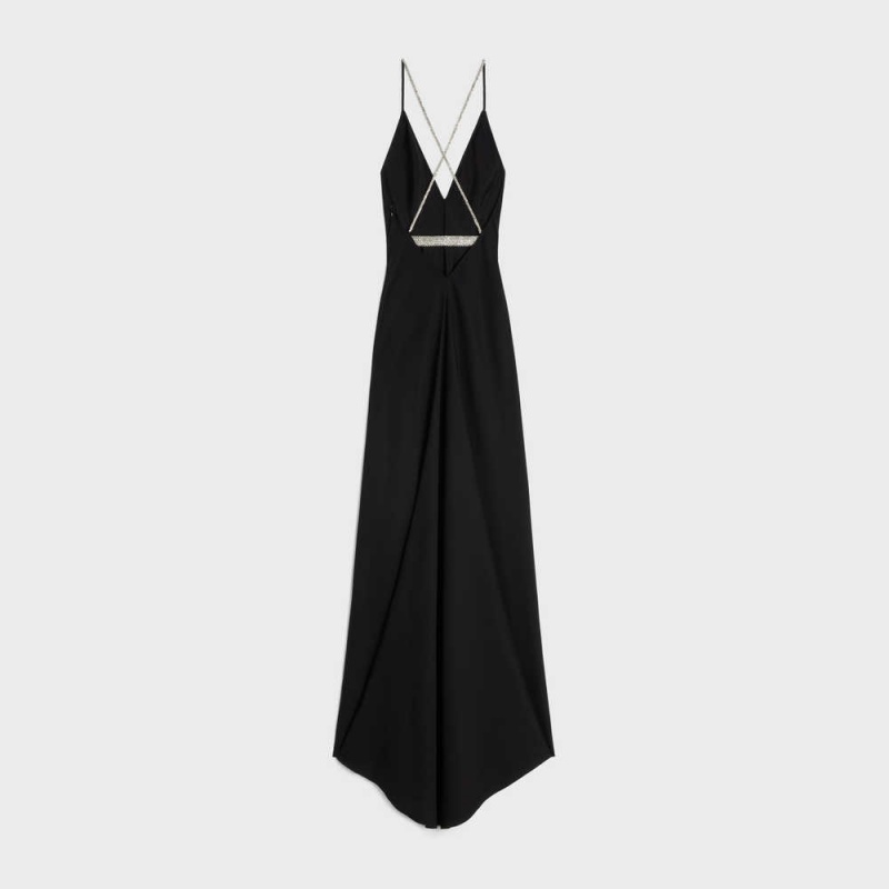 Peignoir Celine Slip With Rhinestones In Satin-lined CrêPe Noir | CL-592862