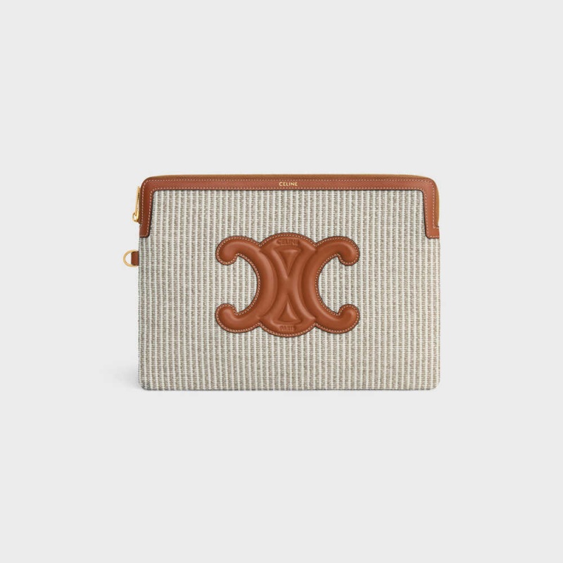 Pochettes Celine Brides Cuir Triomphe In Rayé Textile And Calfskin Beige | CL-592886