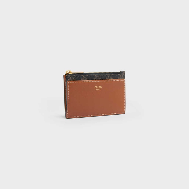 Porte-Carte Celine Zipped Triomphe Tela And Lambskin Marron | CL-592953