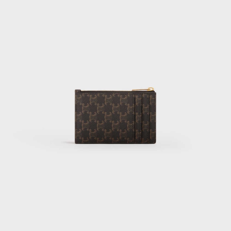 Porte-Carte Celine Zipped Triomphe Tela And Lambskin Marron | CL-592953