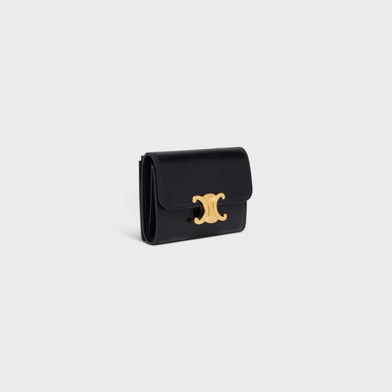 Portefeuilles Celine Compact With Coin Triomphe In Shiny Calfskin Noir | CL-592979