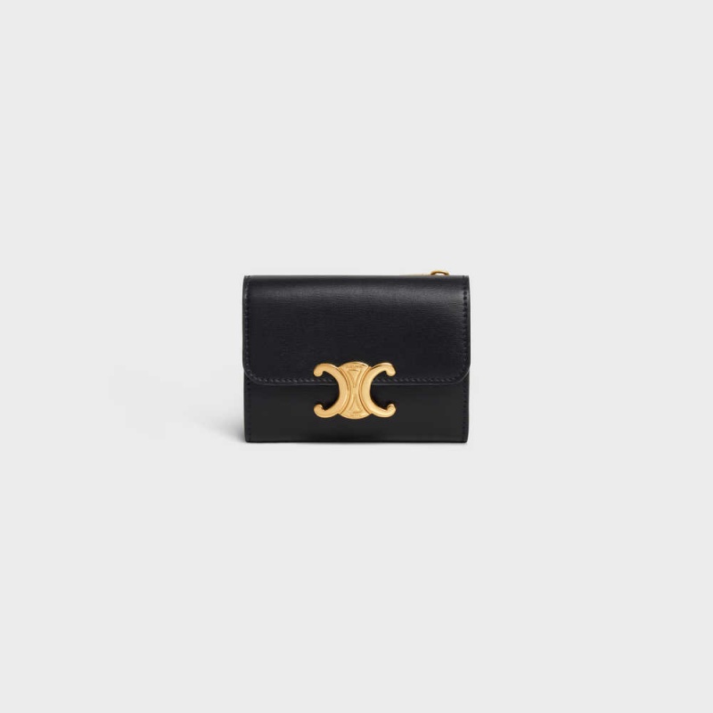 Portefeuilles Celine Compact With Coin Triomphe In Shiny Calfskin Noir | CL-592979