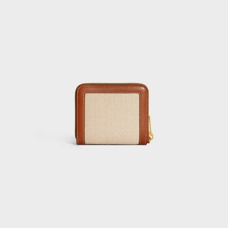 Portefeuilles Celine Compact Zipped Cuir Triomphe In Textile And Calfskin Beige Marron | CL-592997