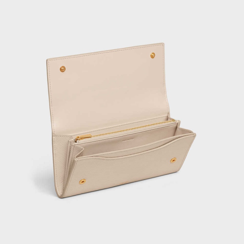 Portefeuilles Celine Large Flap In Grained Calfskin Beige | CL-592996